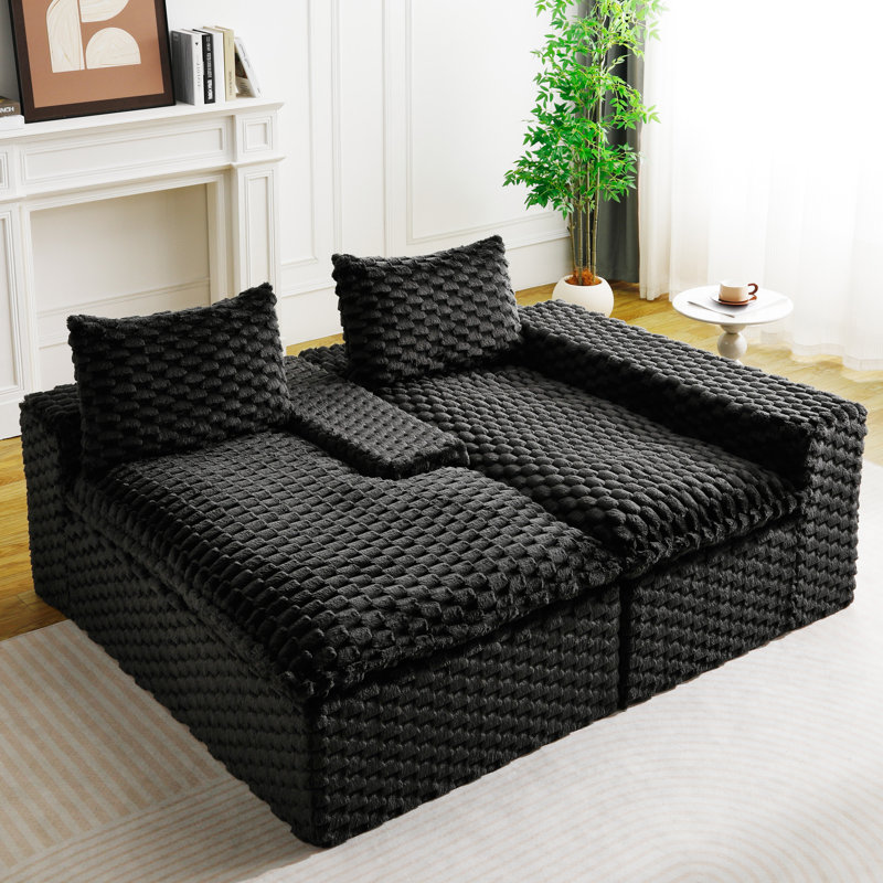 Canapé modulaire multifonctionnel en velours 85,70 po (côté gauche) et (côté droit), Polyester noir, Orienté à droite