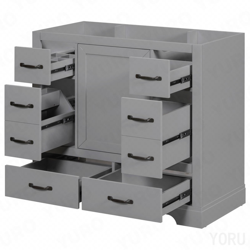 Meuble-lavabo 36 po sans lavabo, base d'armoire seulement, six tiroirs, diviseur de tiroir multifonctionnel, tablette réglable, gris