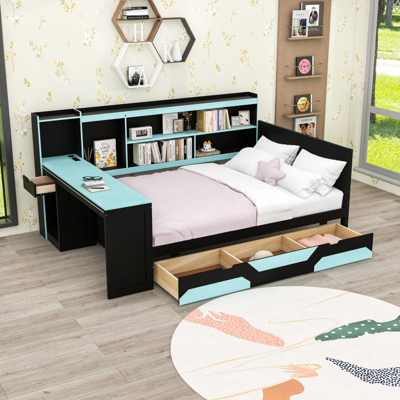 Wood Daybed with Desk and Drawers,Shelves, Full, Black/Blue