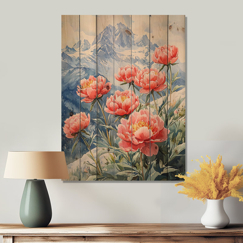 Pivoines et pics d'été Mountain I - Décoration murale en bois de pivoines - sur bois de pin naturel