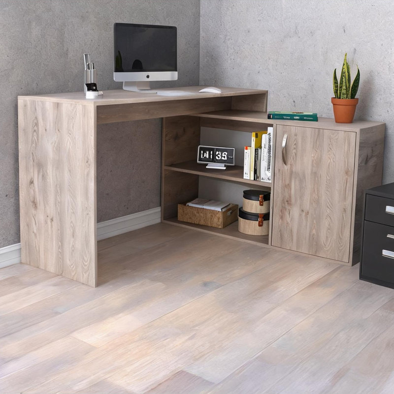 Bureau d'ordinateur avec rangement ouvert et fermé, en forme de L, finition gris doux, l 59,6 po