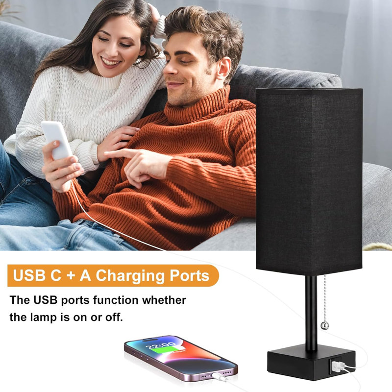Set Of 2 Modern Bedside Table Lamps With 3 Colour Temperatures, USB C + A Charging Ports, And Pull Chain Control For Nightstand Lighting