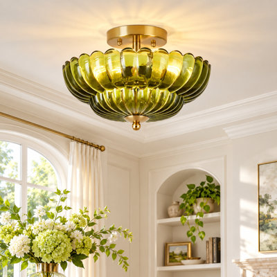 12’’W 3-Light Semi Flush Mount Ceiling Light, Petal Ribbed Glass Shade, Modern Vintage Brass Gold Ceiling Fixture for Bedroom Hallway