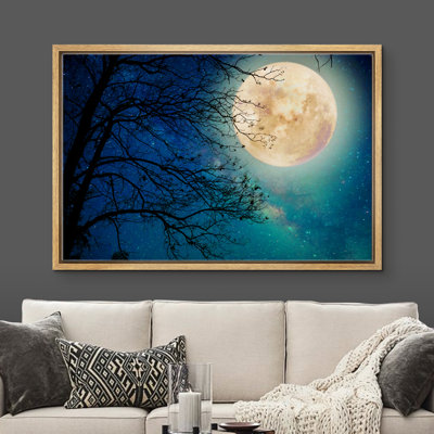 «Harvest Moon In Teal Sky With Trees», cadre flottant, impression sur toile