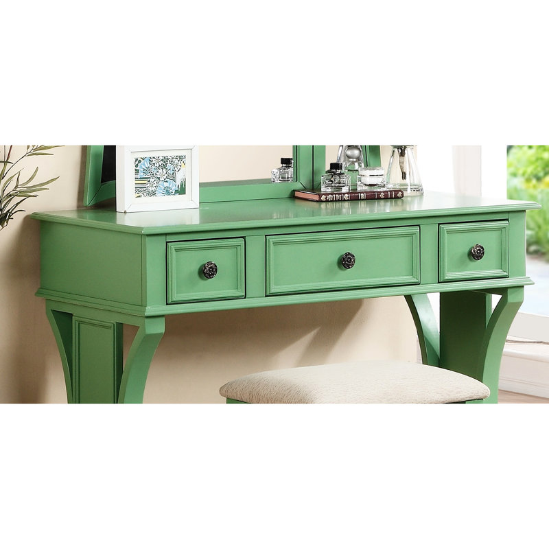 Ahn Modern Bedroom Vanity , Apple Hue, Stool, Particle Board, Rustic Pine W Color, 3 Mirror, Pine,, Antique Green