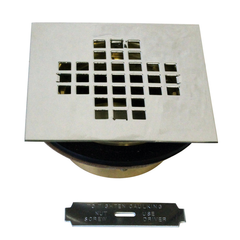 4-1/4" Square Grate Shower Drain Cover with 2" Brass Drain Pipe, Polished Nickel