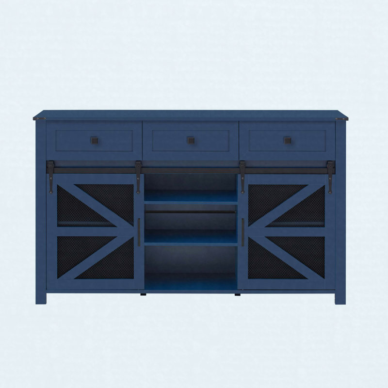 55" Farmhouse Sliding Barn Door Sideboard Buffet Cabinet, Storage Cabinet with Adjustable Shelves, Navy Blue