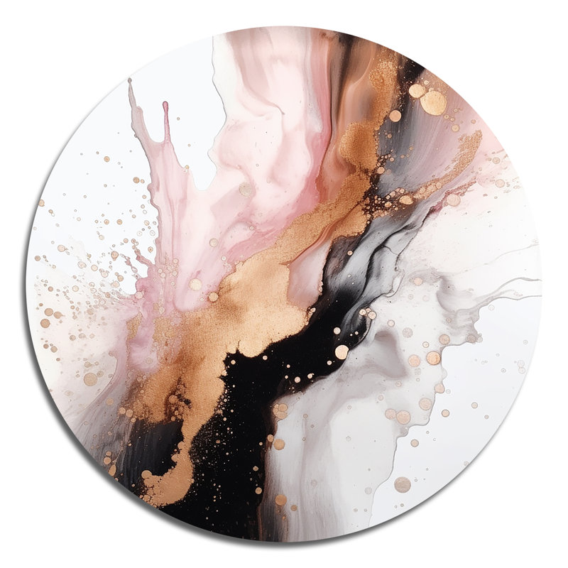 «Pink Gold Splash Marble I», art mural rond en marbre abstrait sur métal, H 23 po x l 23 po x P 1 po