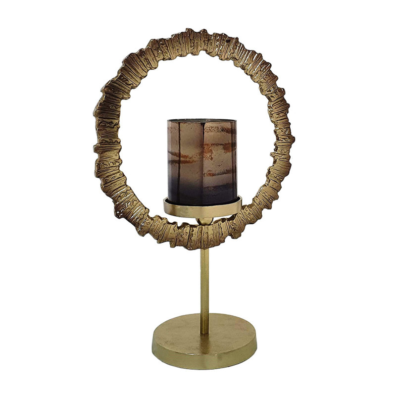 Porte-bougie Jenyl, cadre rond élégant, verre gris-cuivre, 18 po, 18 pi H x 12,2 pi L x 6 pi P