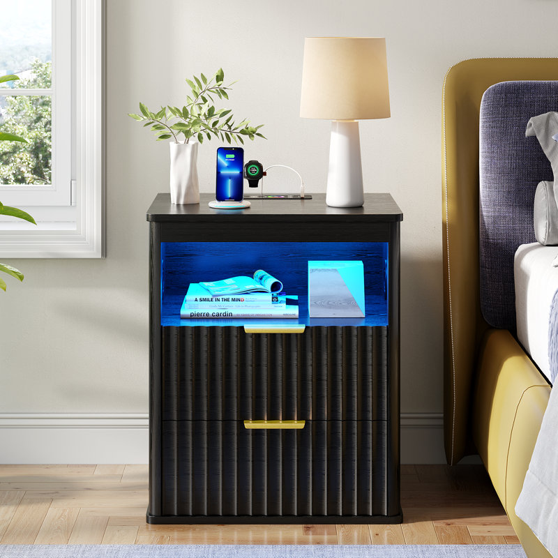 19.7''W Fluted Nightstand with Bluetooth Speaker, RGB Sensor Lights, Wireless Charger, Black