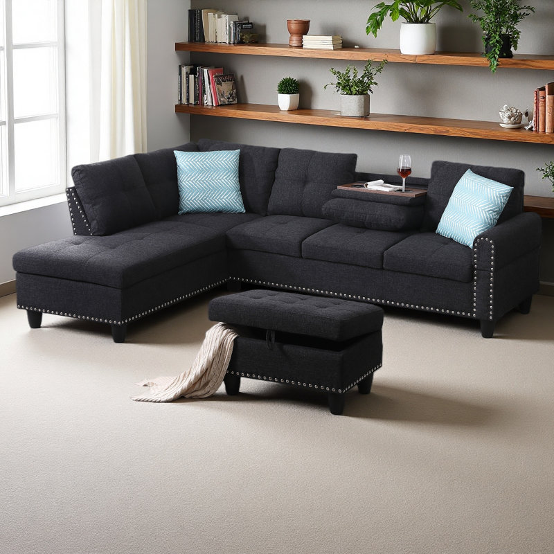 Rivet-Trimmed L-Shaped Sofa, Charcoal Gray Linen