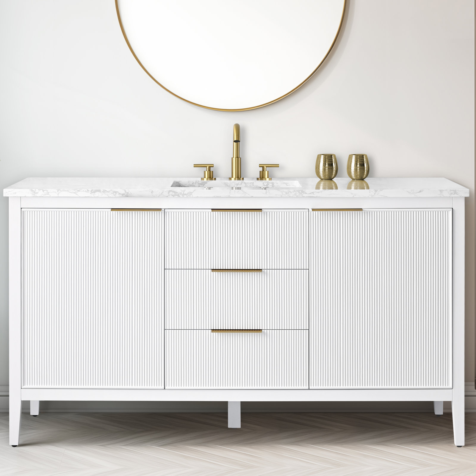 Bilroy 60" Pine Single Bathroom Vanity, White/Brushed Bronze