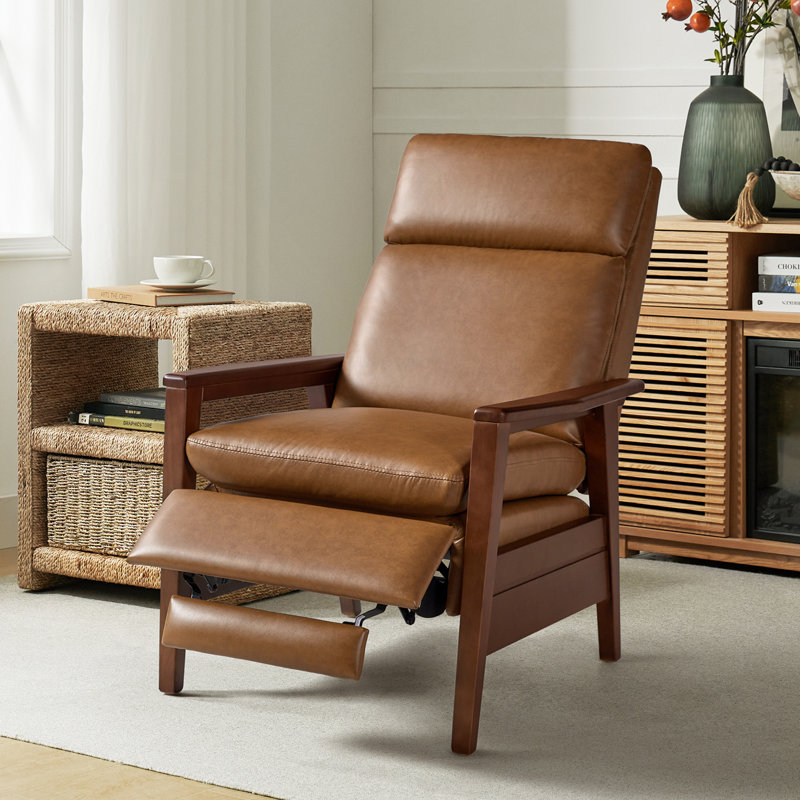 Honorato Mid-Century Modern Vegan Leather Recliner with Solid Wood Frame, Camel Faux Leather