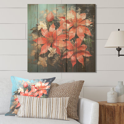 Poinsettias Flower Passion III - Poinsettias On Wood Print