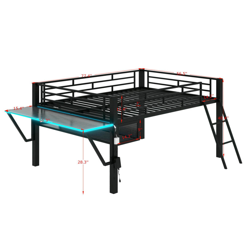 A Mid-Height Gaming Loft Bed Featuring A Built-In Desk And LED Lighting, Full 