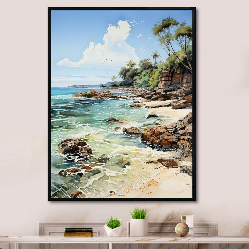 Brodi thaïlandais, brise côtière sur toile, H 44 po x l 34 po x P 1,5 po, Cadre flottant noir