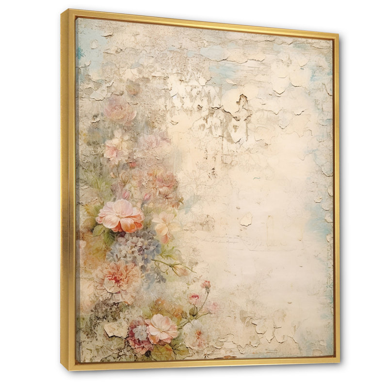 Bouquet rustique de roses roses, art mural - rose, H 40 po x l 30 po x P 1,5 po, Reproduction avec cadre flottant, Doré