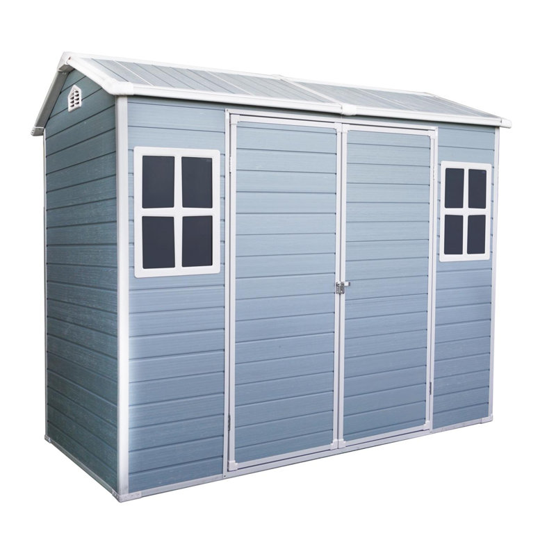 Remise de rangement extérieure 8 pi x 4 pi avec deux fenêtres et deux portes, remise en plastique avec plancher pour Gargen, patio, cour, pelouse, gris
