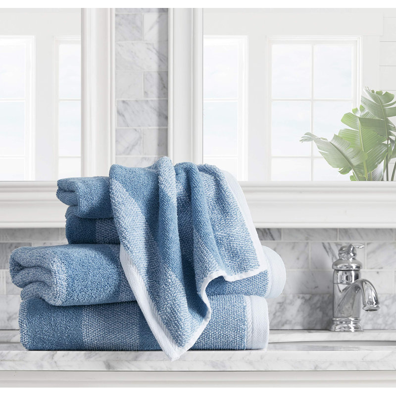 Blue Striped Cotton Coastal Hand Towel Set, 6 Pieces