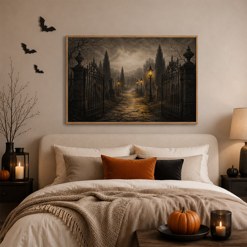 Toile ouverte sur un chemin pavé brumeux et halloween, 24"H x36"W