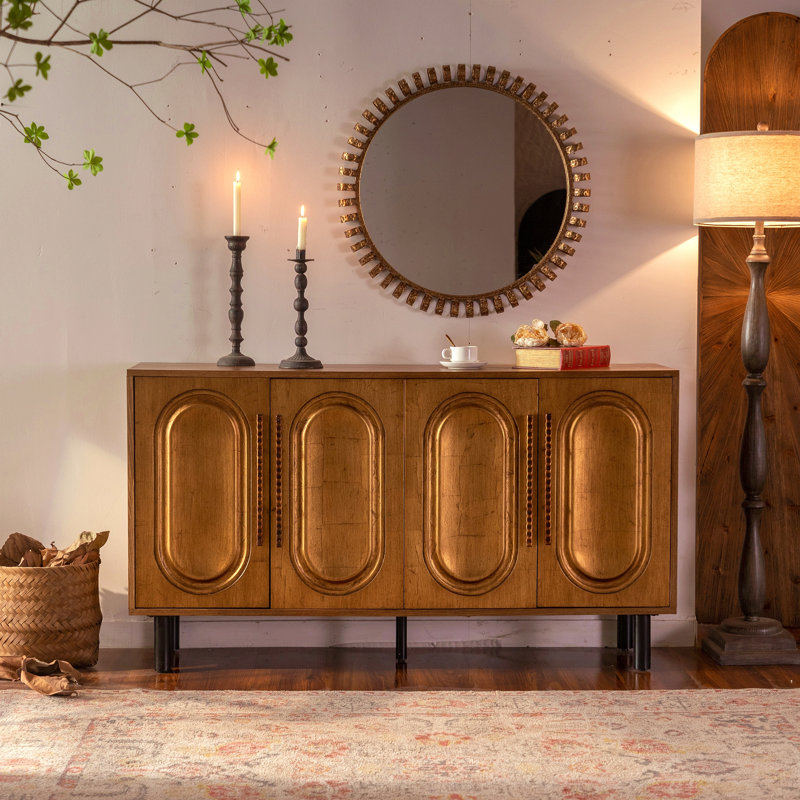59.84" Gold-Toned 4-Door Sideboard Buffet Cabinet - Solid Wood & MDF Arched Door Storage Console Table