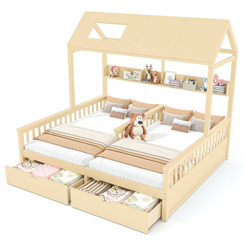 Lit plateforme simple double, couleur naturelle, design enfantin, soutien solide, tiroirs de rangement sur la structure de la maison, fonction, construction solide, sécuritaire pour
