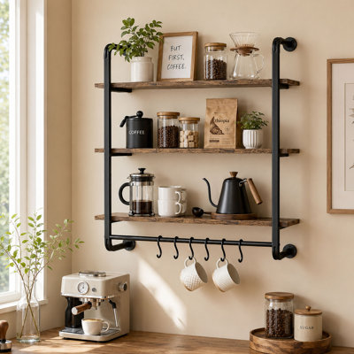 3-Tier Industrial Pipe Floating Wall Shelf with Bar and Hooks