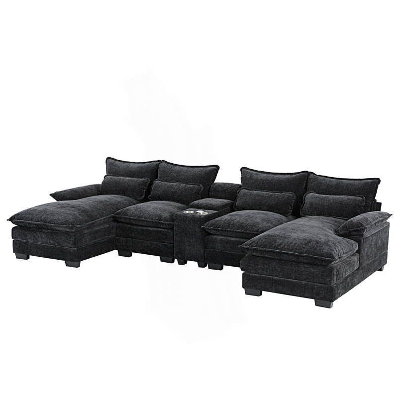 Canapé modulaire moderne en forme de U avec console, porte-gobelets et chargeur USB, canapé rembourré avec méridienne, canapé confortable