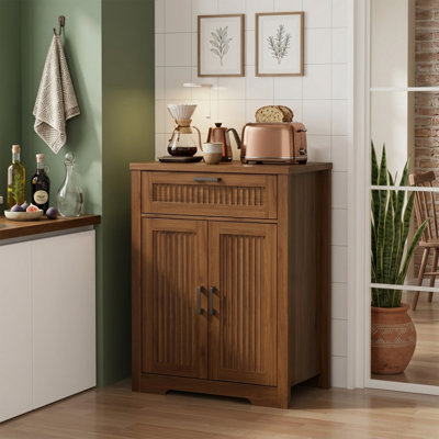 Buffet cannelé de 25 po avec tiroir de rangement - Table basse en chêne naturel avec tablette ajustable - Buffet de petite ferme pour entrée