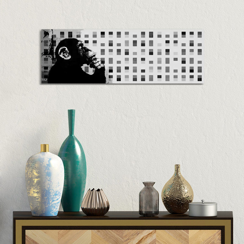 The Thinker Monkey Grey Scale Dots Panoramic - Wrapped Canvas Panoramic Print, 30.48 cm H x 91.44 cm W x 3.175 cm D