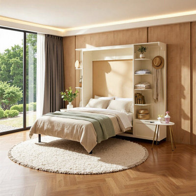 Élégant grand lit escamotable avec rangement et lumières DEL - Lit mural peu encombrant en placage de chêne blanc, parfait pour les petits espaces