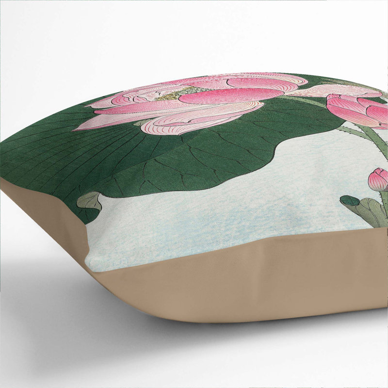 Pink Lotus Flower by Ohara Koson Cushion with Filling, 40cm H x 40cm W x 15cm D, Stone