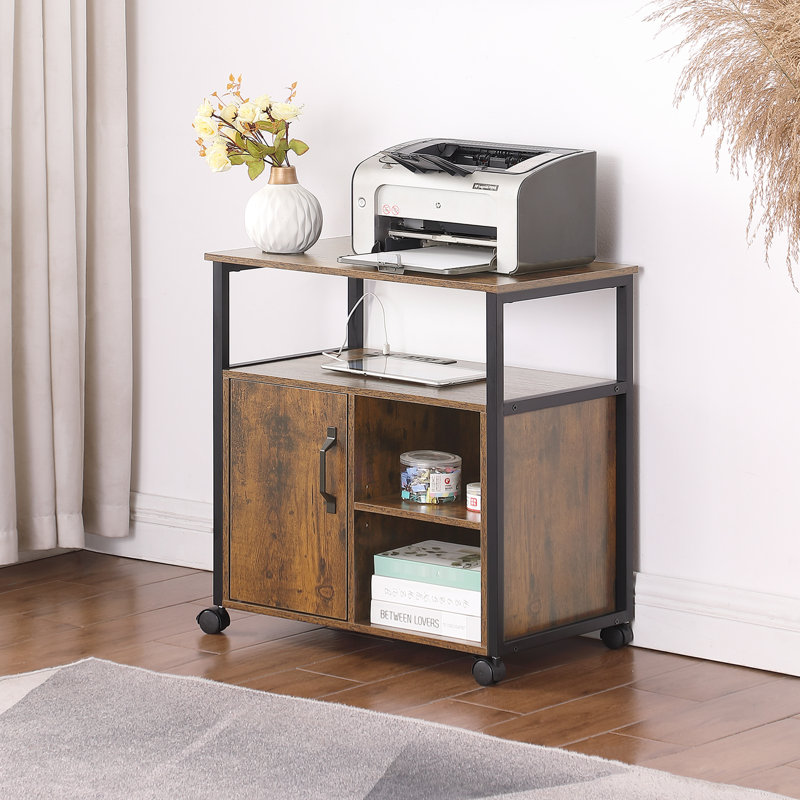Support d'imprimante de bureau et classeur avec zones de rangement pour lettres A4 intégrées, structure latérale en métal, assemblage simple, ports rustiques d'apparence brune et noire, compartiments dimensionnels, stabilité du cadre,
