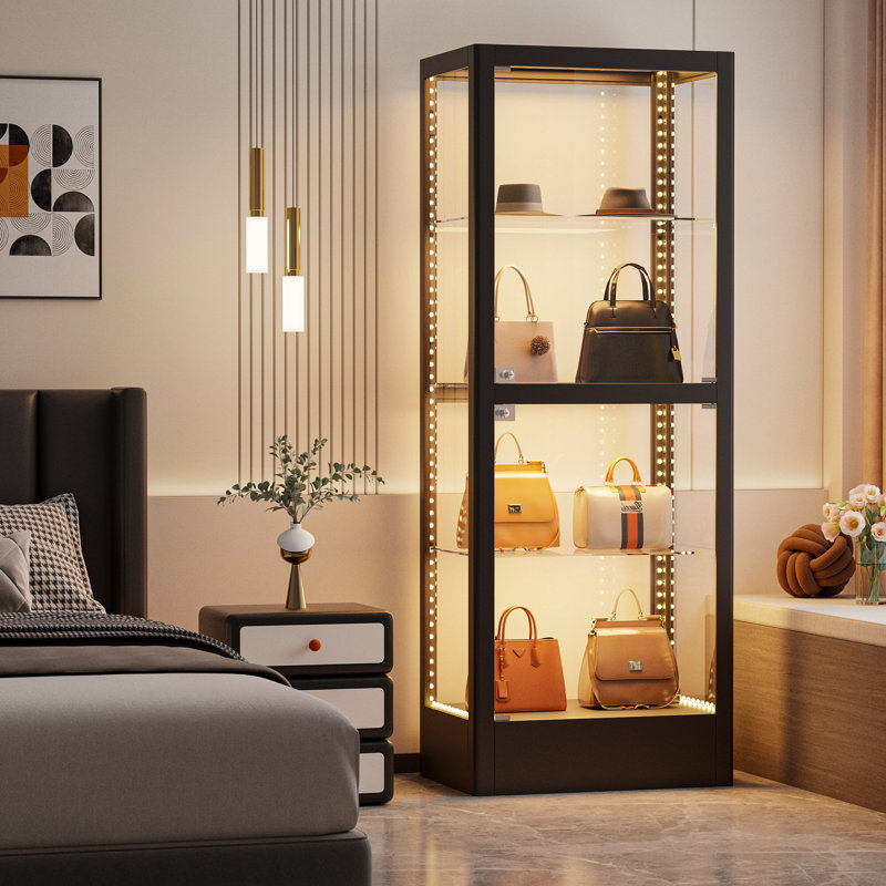 63" Freestanding 4-Sided Glass Display Cabinet With Magnetic LED Light Strip, Black