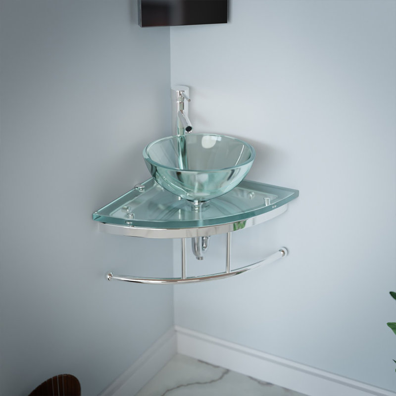 Lavabo d'angle mural rond en verre Talula de 25 po avec porte-serviettes, robinet et bonde.