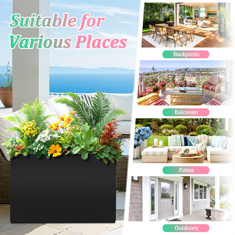 Large Rectangular Planter - Metal Rectangular Planter Box with Drainage Holes for Indoor and Outdoor Use, Black