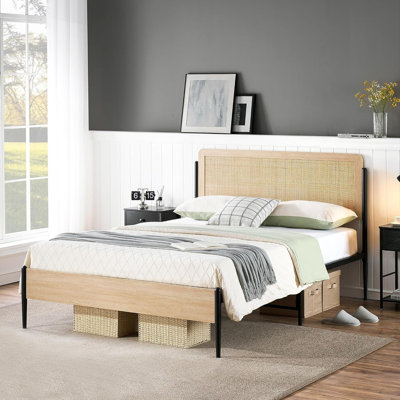 Bed Frame Full Size, Modern Platform Bed Frame With Rattan Headboard Metal Slat Support Bed Frame With Storage-Oak Full -  Bay Isle Home™, 3DEEE4EC9AB140AC88EF8C2938156011