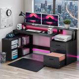 Balconera 65'' L Shaped Desk With Power Outlets, LED Lights & Monitor Stand