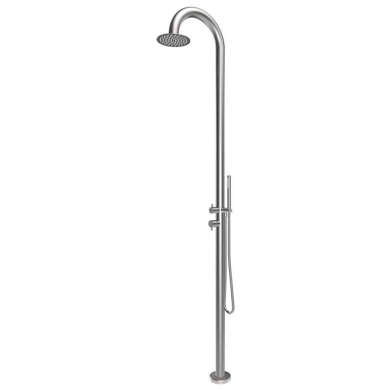 Douche extérieure autoportante Cavela 94 po en acier inoxydable avec pommeau de douche effet pluie et douchette, fini nickel brossé