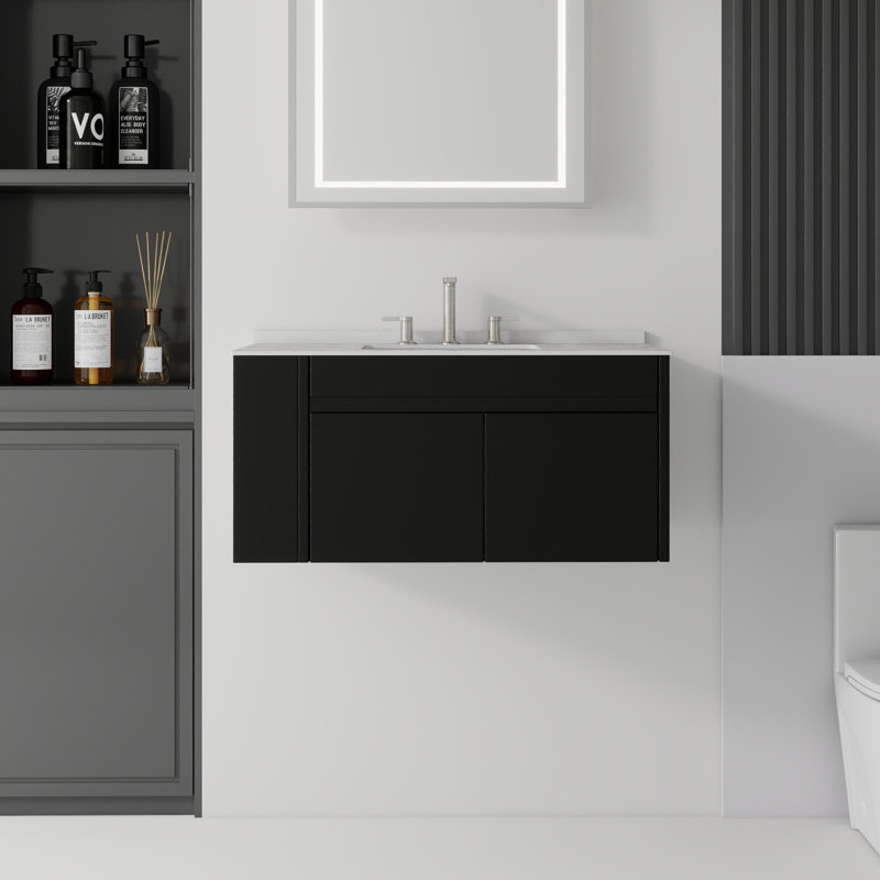 Meuble-lavabo flottant 36 po avec lavabo, porte à fermeture douce, comptoir en granite blanc 0,6 po et dosseret, contreplaqué, noir