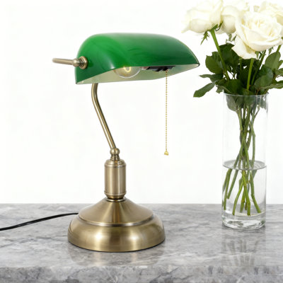 Lampe de bureau Bankers, abat-jour en verre vert, lampe de bureau rétro avec interrupteur à chaîne