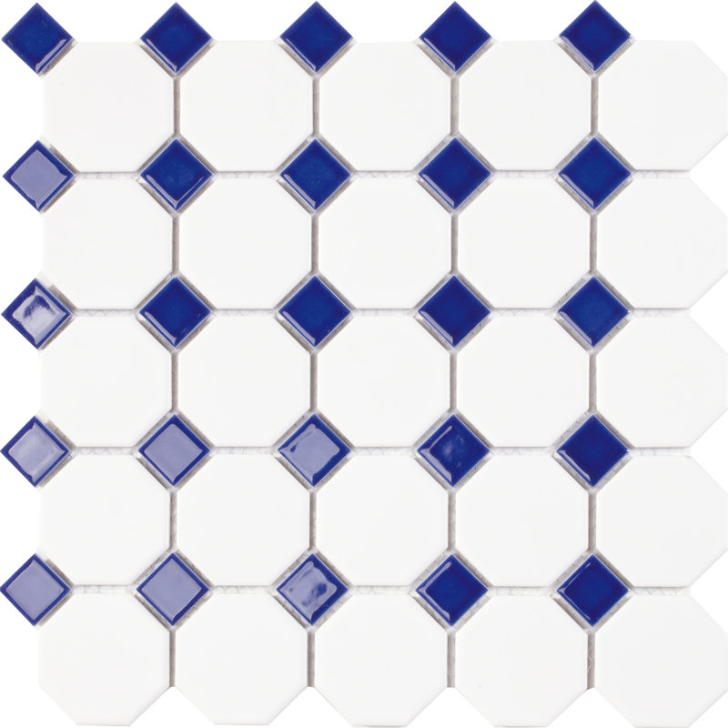 14.7 x 14.7 cm Beveled Porcelain Tile, White/Blue
