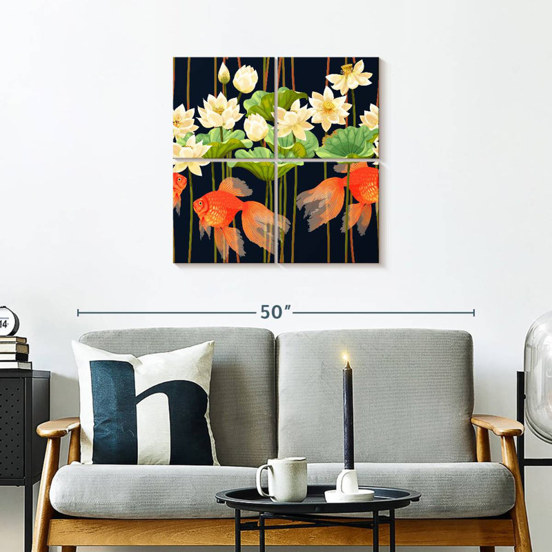 Poisson rouge et fleurs de lotus, H 26 po x l 26 po