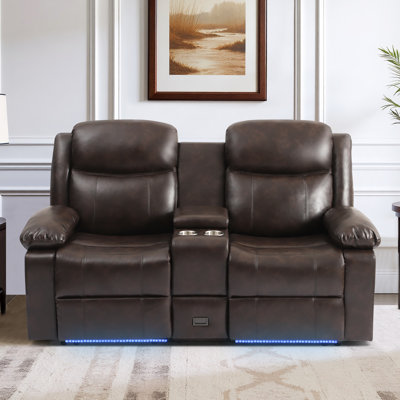 70" Pu Power Reclining Loveseat With Led Lighting, Console Storage, Usb/type-c Ports & Cup Holders – Brown, For Home Theater Or Living Room by Mercer41