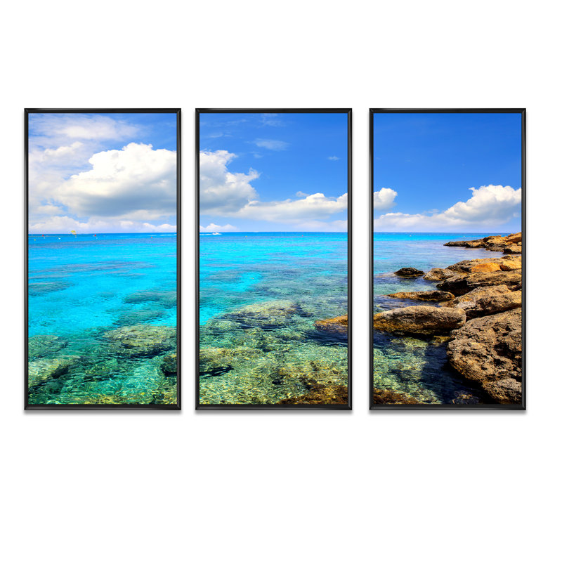 «Bright Summer Day In Sea - Sea & Shore», ensemble de 3 toiles encadrées, H 28 po x l 36 po x P 1 po, Cadre noir