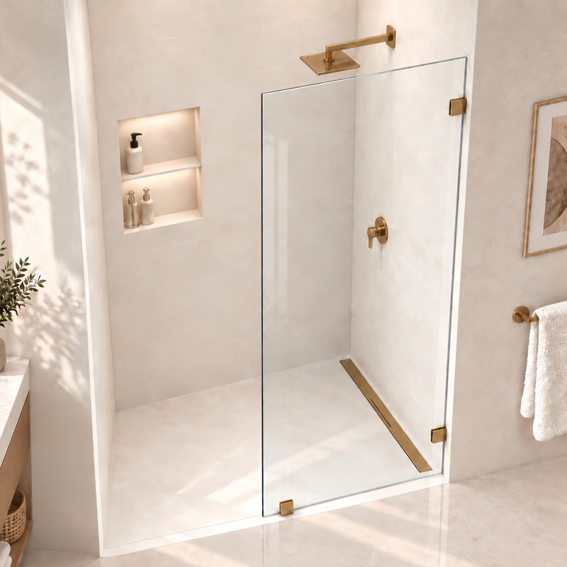 Nirvana 35" W x 76" H Shower Glass Panel Fully Frameless Single Fixed Shower Screen 3/8" (10mm) Clear Tempered Glass in Brushed Bronze
