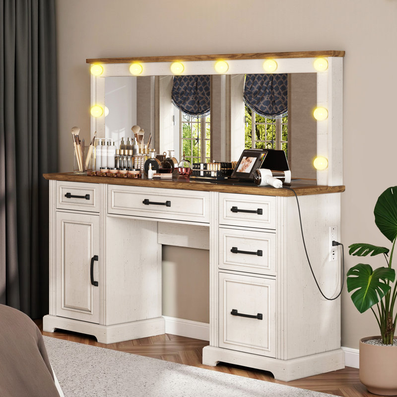 Cioeta 55.1"W Makeup Vanity with Hollywood Mirror, 5 Drawers & Adjustable Cabinet & Charging Station, White, White