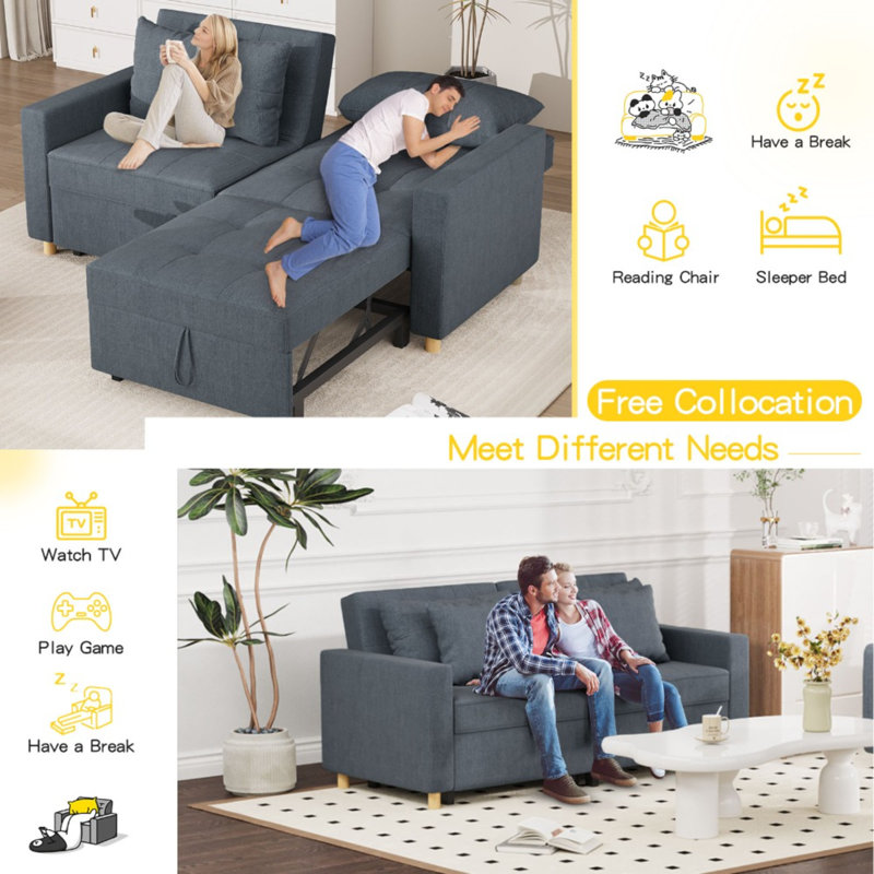 2 Seater Linen Sofa Bed, Dark Grey
