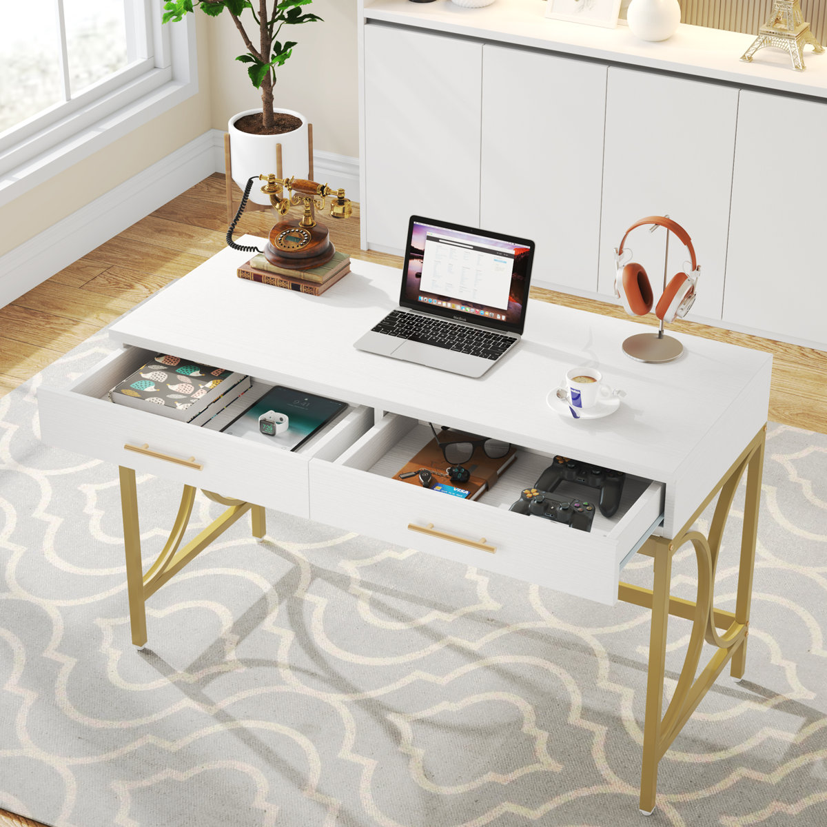 White And Gold Desk With Drawers