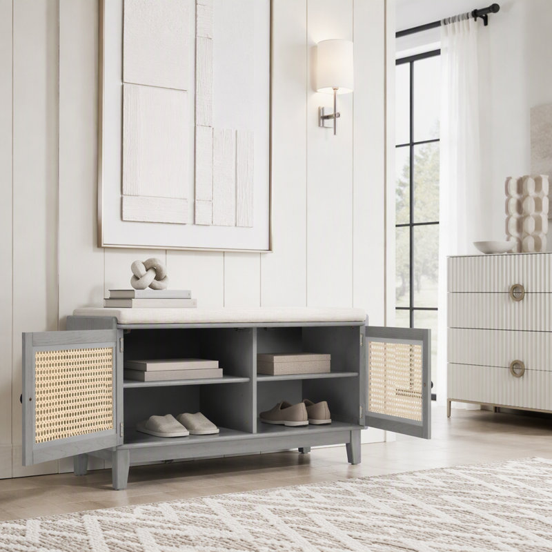 Banc d'entrée avec rangement, banc à chaussures rembourré avec portes doubles, Beige,Grey Wash
